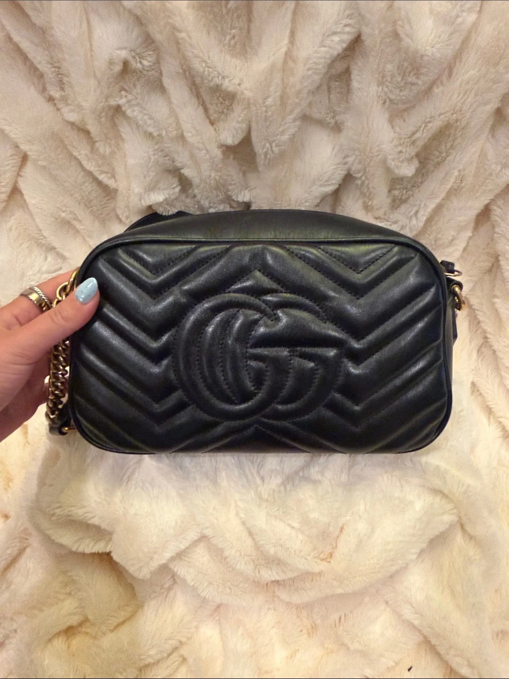 Gucci Black Leather GG Marmont Chevron Camera Bag with Gold Hardware